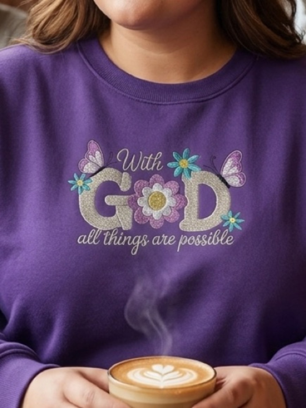 Simply Stitched Purple Graphic Crewneck Sweatshirt - With God Floral Design